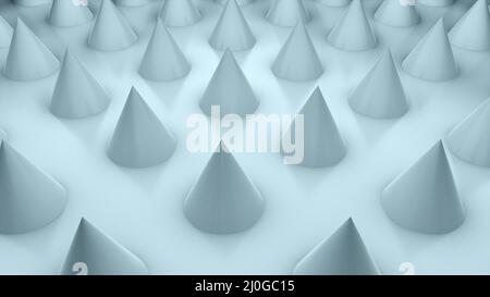 Oberfläche mit zahlreichen sich wiederholenden Kegeln, isometrischer Hintergrund, moderner computergenerierter 3d-Rendering-Hintergrund Stockfoto