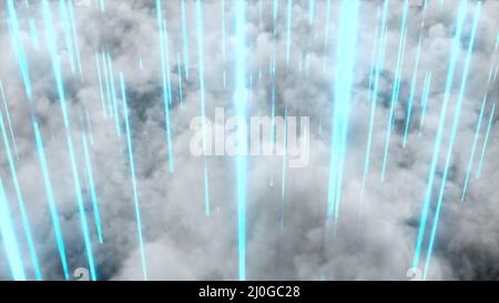 Cumulus dichte Wolken und Neon direkte Strahlen, computergeneriert. Blick von oben. 3d Rendern realistischer Hintergrund. Stockfoto