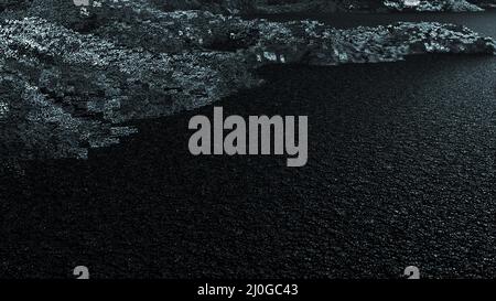 3d-Rendering von abstrakter Oberfläche mit schwarzem Rauschen. Computergenerierter Ebbe- und Strömungseffekt am Ufer. Hintergrundrauschen. Stockfoto