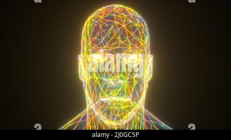 Farbenfroher Neonkopf, computergeneriert. 3D abstrakter Hintergrund aus dünnen Linien rendern Stockfoto