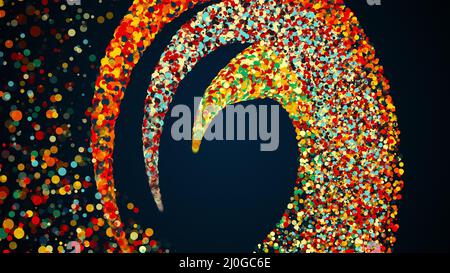 Drei radiale Streifen von farbigen Partikeln zu einer Spirale verschmelzen. Computer erzeugt 3D Rendering. Magischer festlicher Hintergrund mit b Stockfoto
