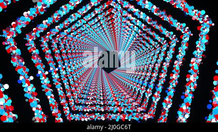 Sechseckige Ringe aus bunten runden Teilchen bilden einen endlosen Tunnel, computergeneriert. 3d-Rendering von hellem, glänzendem Hintergrund Stockfoto