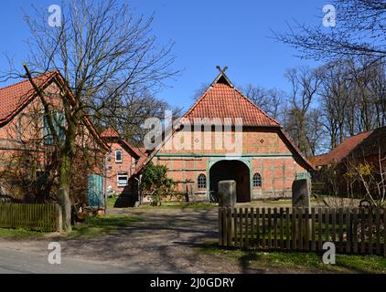 Typische norddeutsche Architektur im Dorf Altenboitzen, Niedersachsen Stockfoto