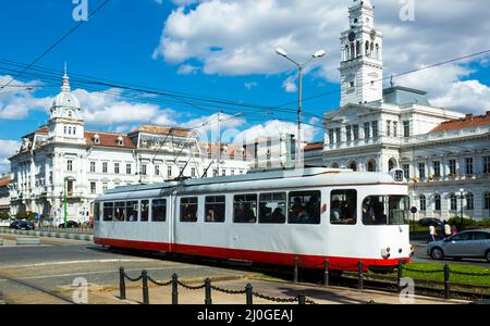 Straßenbahn auf dem Rathausplatz von Arad Stockfoto