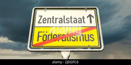 Ein deutsches Ortsschild mit den deutschen Worten FÃ¶deralismus und Zentralismus Stockfoto