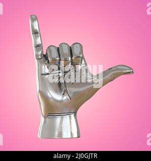 Eine dekorative silberne Hand mit einem ausgestreckten Daumen und einem rosafarbenen Finger auf einem rosa Hintergrund. Vorderansicht. 3D Rendern Stockfoto