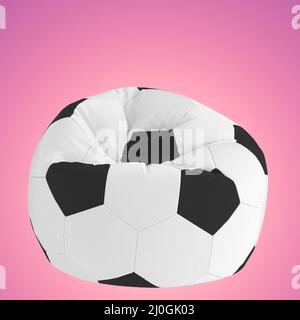 Weiße Armlehnentasche mit einem Muster aus schwarzen Sechsecken auf einem rosa Hintergrund. Sessel Fußballball. 3D Rendern Stockfoto
