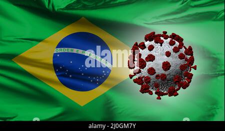 Eine brasilianische Flagge mit einem Covid-19-Virus. Südamerianischer Variante. Stockfoto