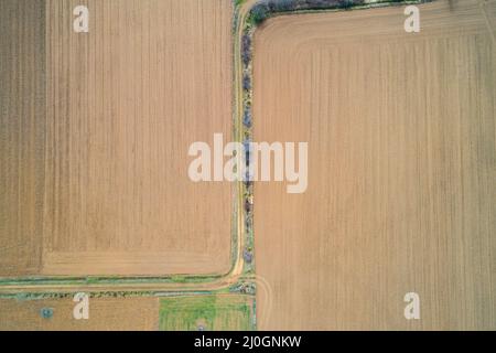 Luftaufnahme der landwirtschaftlichen Felder. Luftaufnahme von oben von fliegender Drohne eines Landes mit gesät grünen Feldern in der Landschaft im Frühling Tag. Landwirtschaft Stockfoto