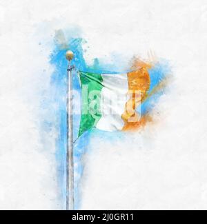 Aquarell-Malerei Illustration von irischen Tricolor fliegen in vollem Sonnenschein gegen blauen Himmel Stockfoto