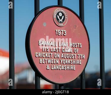 Sheffield, Großbritannien. 19. März 2022. Ein Schild vor der Bramall Lane in Sheffield, Großbritannien am 3/19/2022. (Foto von Ben Early/News Images/Sipa USA) Quelle: SIPA USA/Alamy Live News Stockfoto