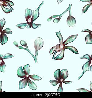 Nahtloses botanisches Muster einer Orchidee auf blauem Hintergrund. Schöne botanische Illustration von Orchideen. Design für Textilien, Stockfoto