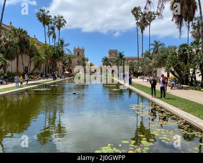 Wasserteich im Vordergrund mit Fischen im Balboa Park, San Diego, USA Stockfoto