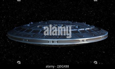 Scheibenförmiges außerirdisches Raumschiff. Stockfoto