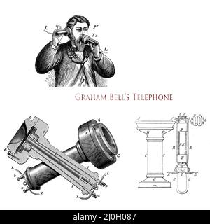 Frühes Telefon, das 1876 von Alexander Graham Bell patentiert wurde, das erste praktische Telefon mit dem Einsatz des Telegraphensystems für die ersten Ferngespräche Stockfoto