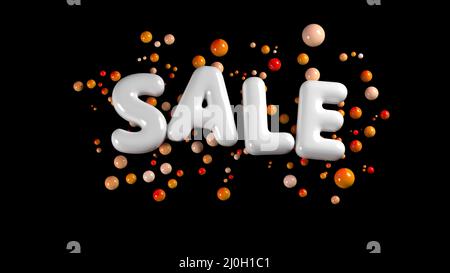 Verkauf helle weiße glänzende Buchstaben isoliert auf schwarzem Hintergrund mit Kugeln um. 3D Abbildung Stockfoto