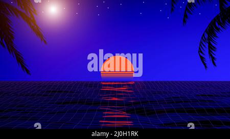 3D tropischer Sonnenuntergang mit Palmen. Ozean- und Neonsonne in Synthwave und neuer retrowave-Ästhetik 80s 90s. Hochwertige 3D-Illustration Stockfoto