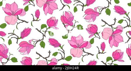 Spring Garden Magnolien blühen. Nahtloses Blumenmuster mit rosa Magnolie auf Weiß für Designs, Kleidung, Bettwäsche-Drucke, Telefontaschen, Geschenkpapier Stock Vektor