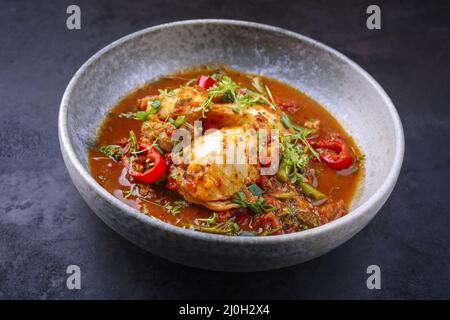 Traditionelle spanische Meeresfrüchte im modernen Stil zarzuela de Pescado mit Fisch in roter Sauce aus nächster Nähe in einer Design-Schüssel Stockfoto