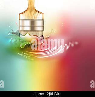 Pinsel in einem Farbspritzer Stockfoto