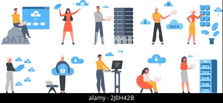 Cloud-Engineering, Datenspeicherung, Clould-Service-Server. Daten-Cloud-Server, Netzwerk-Hosting Online-Dienste Vektor-Illustration-Set. Cloud-Hardware Stock Vektor
