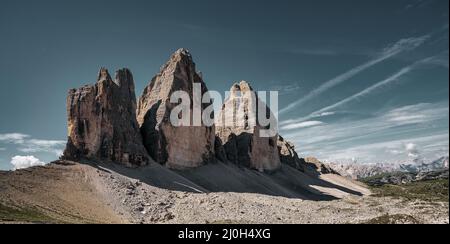 Blick auf die Nordwände der drei Zinnen Stockfoto