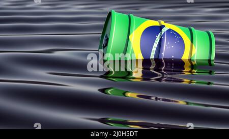 Öltrommel mit brasilianischer Nationalflagge, die in einem Ozean aus schwarzem Öl schwimmend ist. 3D Rendering Stockfoto