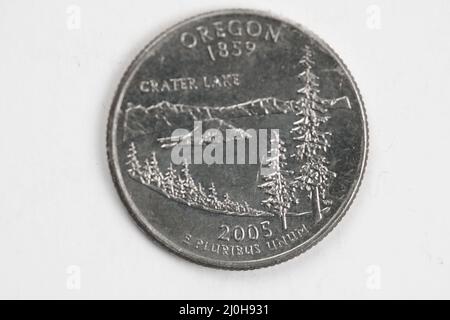 Eine Vierteldollar-Münze (25 Cent) mit dem Bild von Oregon (Bundesstaat Beaver), USA. Stockfoto