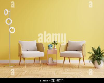 Moderne Wohnzimmereinrichtung mit zwei Sesseln und Dekor an hellgelber Wand.3D Rendering Stockfoto