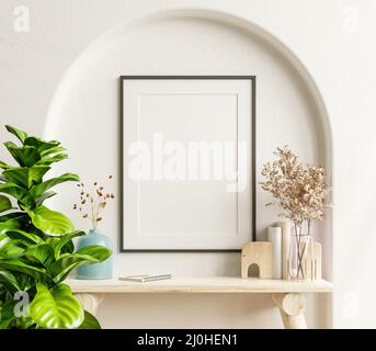 Innenpostermodell mit vertikalem schwarzen Rahmen im Innenhintergrund des Hauses.3D Rendering Stockfoto