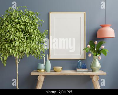Innen Holzrahmen Mockup auf Regal hinter der blauen Wand.3D Rendering Stockfoto