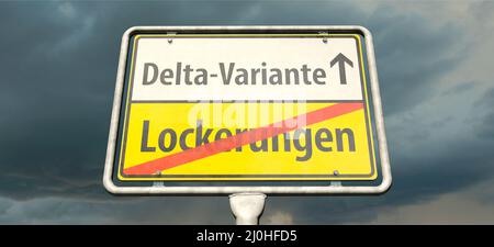 Ein deutsches Ortsschild mit den deutschen Worten Lockerungen und Delta-Variante Stockfoto