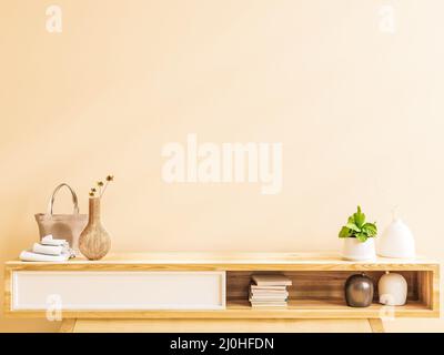 Schrank für tv auf weißer Wand Mockup im leeren Wohnzimmer.3D Rendering Stockfoto