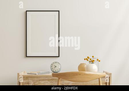 Mockup Rahmen auf Arbeitstisch im Wohnzimmer Innenraum auf leeren weißen Wand Hintergrund.3D Rendering Stockfoto