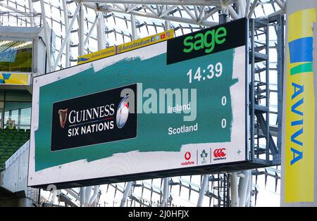 19.. März 2022 ; Aviva Stadium, Dublin, Irland; 6-Nations International Rugby, Irland gegen Schottland; Eine allgemeine Ansicht des Aviva Stadium Big Boards vor dem Start Stockfoto