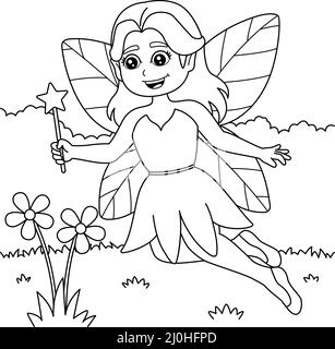 Fairy Holding Zauberstab Malseite für Kinder Stock Vektor