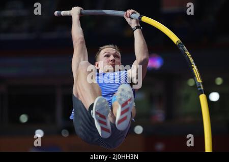 Belgrad, Serbien. 19. März 2022. Karel Tilga aus Estland tritt beim Männer-Heptathlon-Stabhochsprung bei den Leichtathletik-Hallenweltmeisterschaften Belgrad 2022 in der stark Arena, Belgrad, Serbien, am 19. März 2022 an. Quelle: Zheng Huansong/Xinhua/Alamy Live News Stockfoto