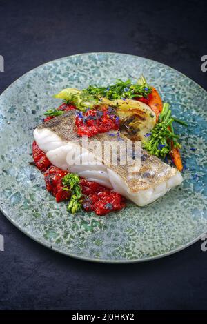 Traditionelles, gebratenes Kabeljaufischfilet im modernen Stil mit Fenchel und Tomatencreme, das als Nahaufnahme auf einem Teller mit nordischem Design serviert wird Stockfoto