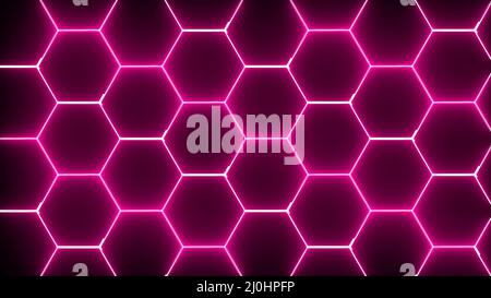 Sechseckiges, abstraktes Neon-Design. 3D Rendering von Wabenhintergrund. Stockfoto