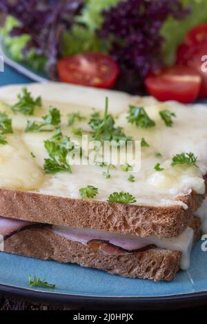 Französischer Croque monsieur auf blauem Teller Stockfoto