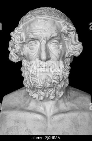 Gipskopie der alten Statue Homer Kopf auf dunklem texturierten Hintergrund. Gips Skulptur Mann Gesicht Stockfoto