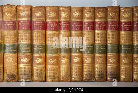 Zarskoje Selo (Puschkin), Sankt-Petersburg, Russland - 27. März 2021: Alte Bücher im Bücherregal des Zarskoje Selo Lyzeums. Eine Reihe von Stockfoto