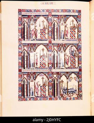 MTI1 - CANTIGA DE SANTA MARIA Nº149 - F205V - CURA DUDA EN LA CONSAGRACION Y RECIBO TESTIMONIO CELESTIAL - SIGLO XIII. Autor: Alfonso X aus Kastilien. ORT: MONASTERIO-BIBLIOTECA-COLECCION. SAN LORENZO DEL ESCORIAL. MADRID. SPANIEN. Stockfoto