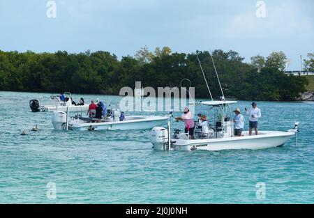 Islamorada, Florida, U.S.A - 22. Februar 2022 - kleine Fischerboote an der Bucht Stockfoto