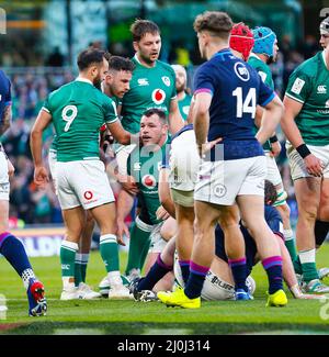 19.. März 2022 ; Aviva Stadium, Dublin, Irland; 6-Nations International Rugby, Irland gegen Schottland; Cian Healy aus Irland erzielt den zweiten Versuch des Spiels Stockfoto