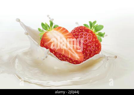 Erdbeere, die auf weißem Hintergrund in spritzende Milch fällt Stockfoto