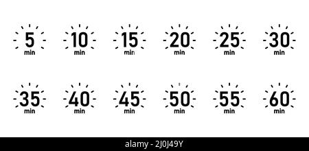 10, 15, 20, 25, 30, 35, 40, 45, 50 min, Timer, Uhr, Stoppuhr isolierte Set-Symbole. Tolles Design für jeden Zweck. Vektorlogo Stock Vektor