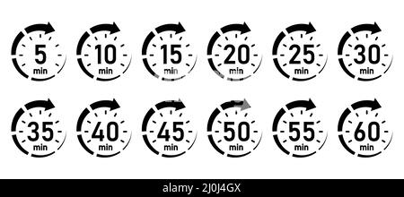 10, 15, 20, 25, 30, 35, 40, 45, 50 min, Timer, Uhr, Stoppuhr isolierte Set-Symbole. Tolles Design für jeden Zweck. Vektorlogo Stock Vektor