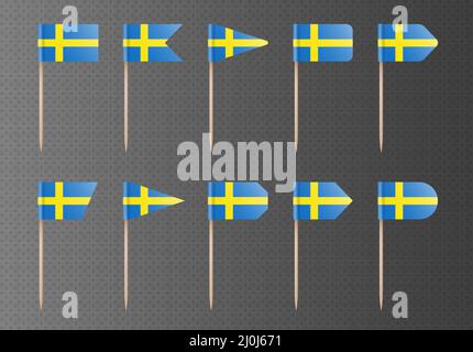 Schwedische Zahnstocherflaggen isoliert auf einem dunklen transparenten Hintergrund. Stock Vektor