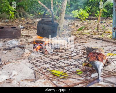 Kochen am Lagerfeuer auf einer kleinen Wüsteninsel, Venu Island, Pulau Venu, in der Nähe von Kaimana, West Papua, Indonesien Stockfoto